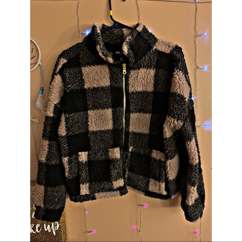 Fuzzy Plaid Zip Up Jacket